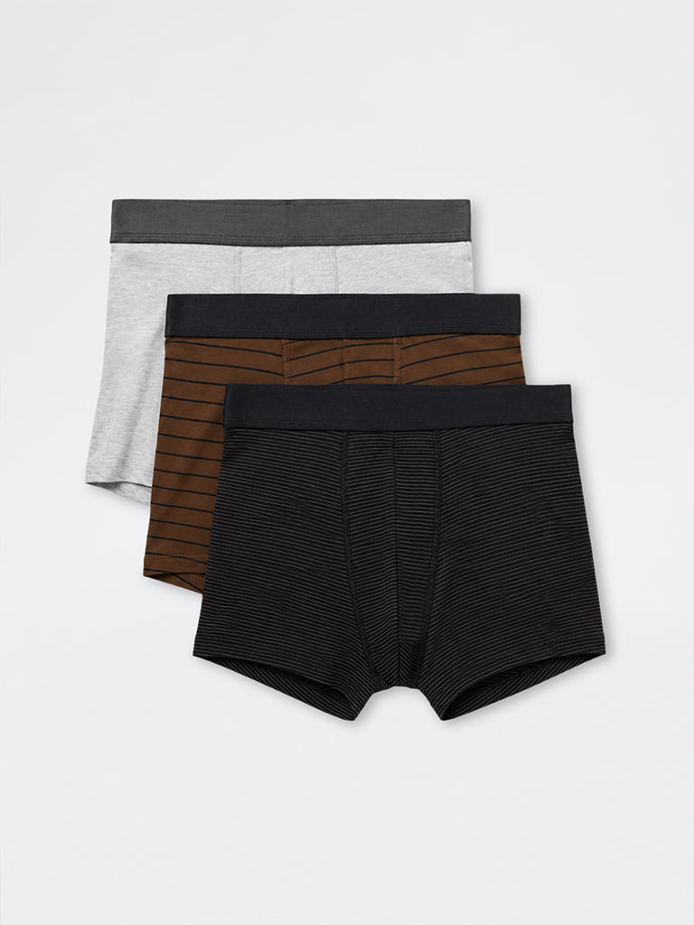 WES Lounge Brown Striped Cotton-Blend Trunks-Pack of 3