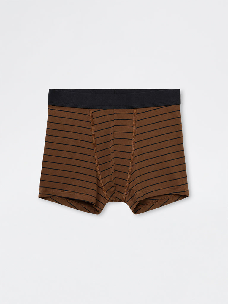 WES Lounge Brown Striped Cotton-Blend Trunks-Pack of 3