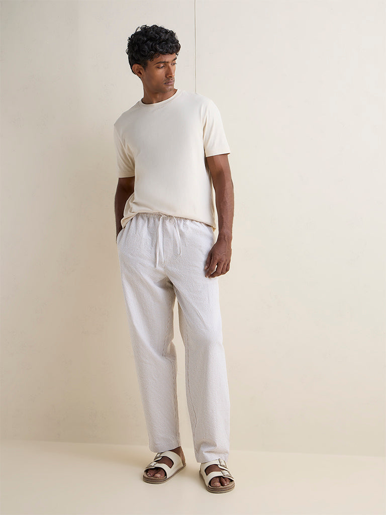 WES Lounge Beige Striped Relaxed-Fit Mid-Rise Cotton Pants