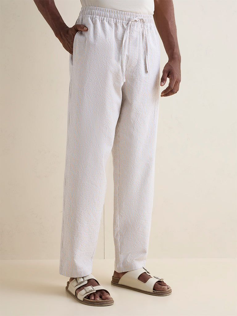 WES Lounge Beige Striped Relaxed-Fit Mid-Rise Cotton Pants