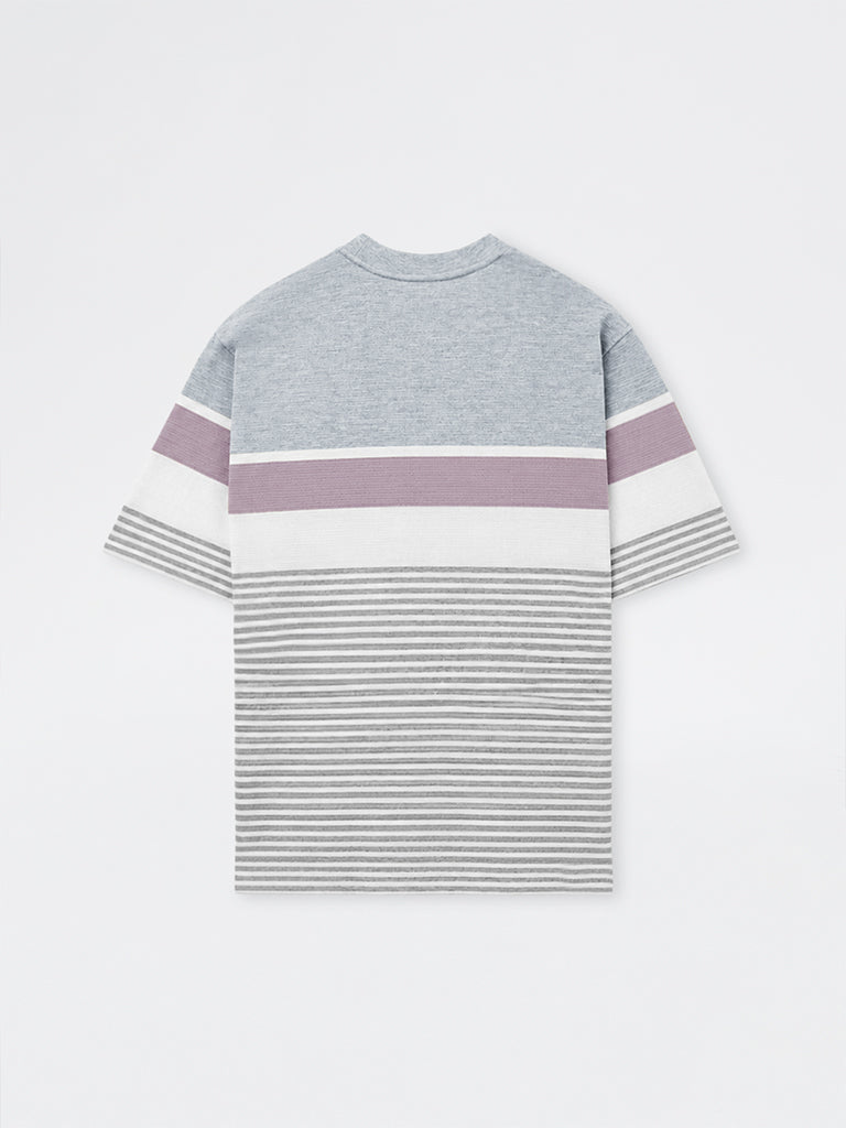 WES Lounge Grey Striped Printed Relaxed-Fit Cotton-Blend T-Shirt