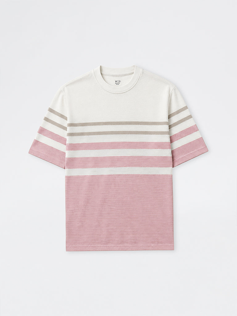 WES Lounge Pink Striped Relaxed-Fit Cotton-Blend T-Shirt