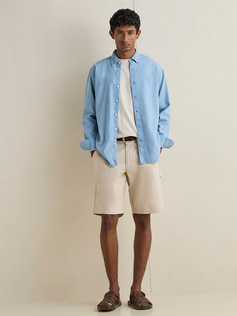 WES Casuals Light Blue Relaxed-Fit Denim Shirt
