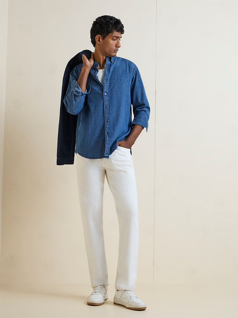 WES Casuals Blue Relaxed-Fit Denim Shirt