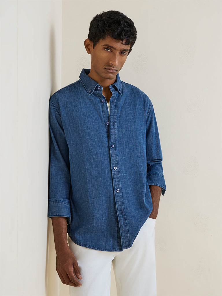 WES Casuals Blue Relaxed-Fit Denim Shirt