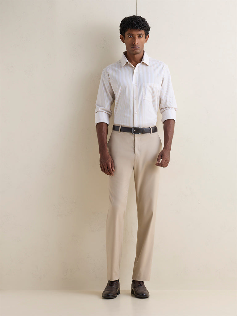 WES Formals Beige Striped Relaxed-Fit Cotton Shirt