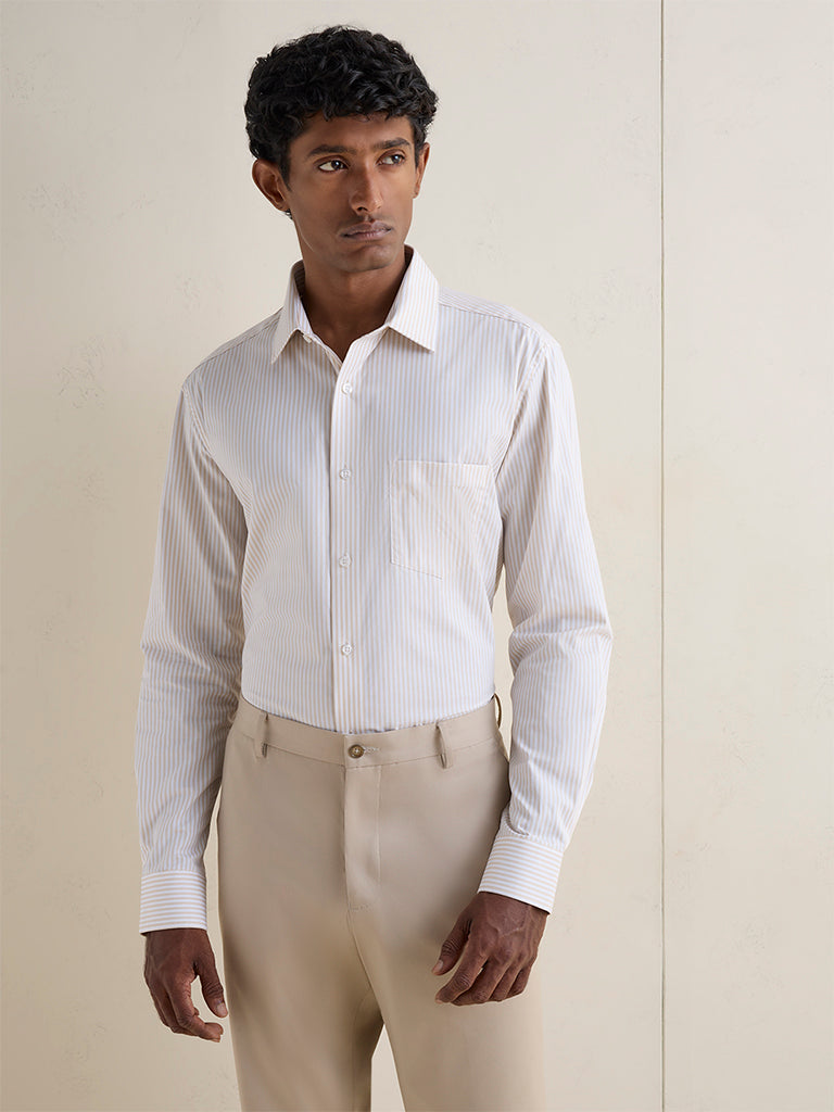 WES Formals Beige Striped Relaxed-Fit Cotton Shirt