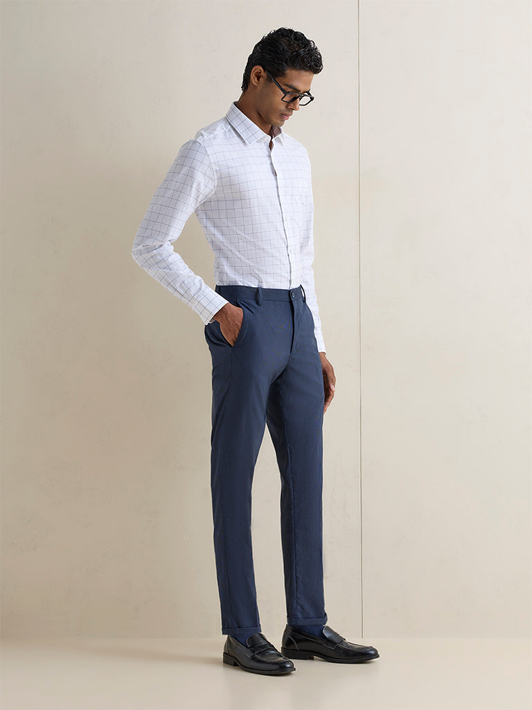 WES Formals Blue Checkered Slim-Fit Cotton Shirt