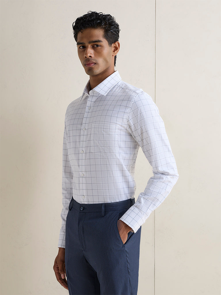 WES Formals Blue Checkered Slim-Fit Cotton Shirt