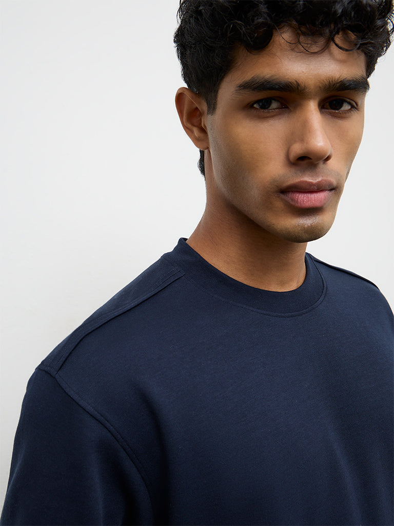 Nuoflexx Navy Solid Relaxed-Fit Cotton-Blend T-Shirt