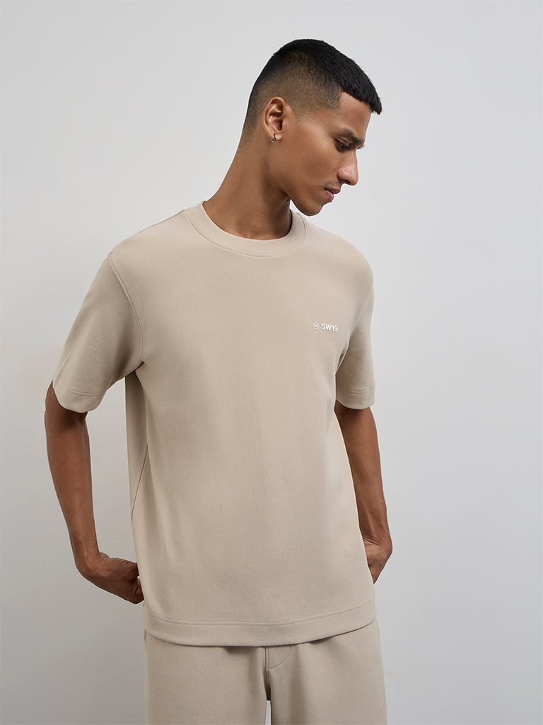 Nuoflexx Beige Textured Relaxed-Fit Cotton-Blend T-Shirt