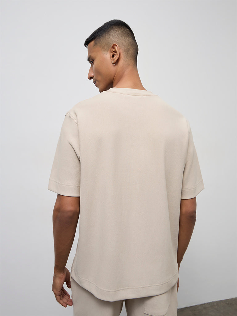 Nuoflexx Beige Textured Relaxed-Fit Cotton-Blend T-Shirt