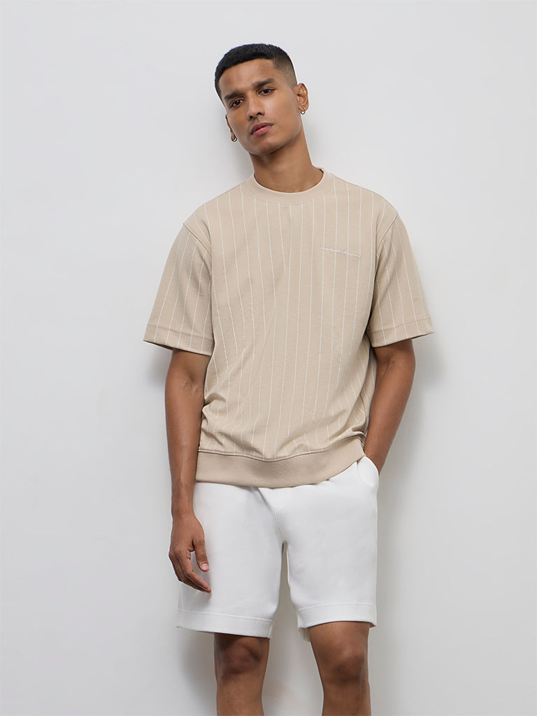 Nuoflexx Beige Striped Relaxed-Fit T-Shirt