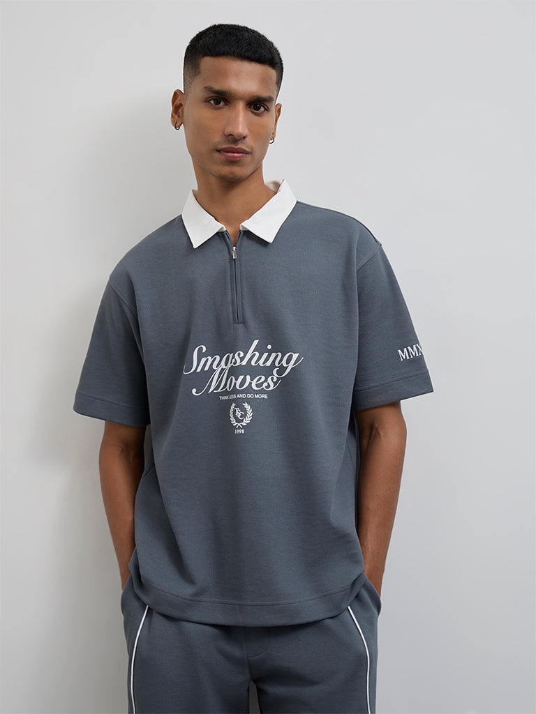 Nuoflexx Dark Grey Typographic Relaxed-Fit Cotton-Blend Quarter-Zip Polo T-Shirt