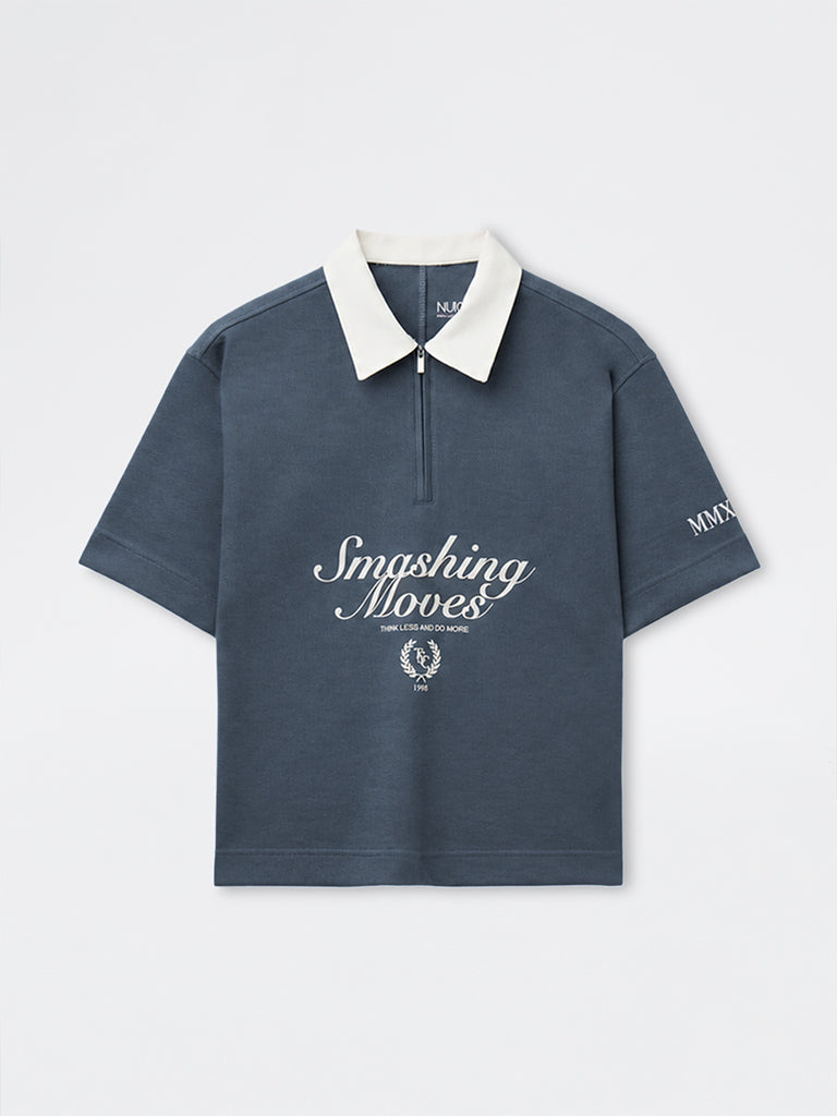 Nuoflexx Dark Grey Typographic Relaxed-Fit Cotton-Blend Quarter-Zip Polo T-Shirt