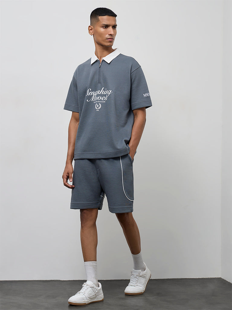 Nuoflexx Dark Grey Typographic Relaxed-Fit Cotton-Blend Quarter-Zip Polo T-Shirt