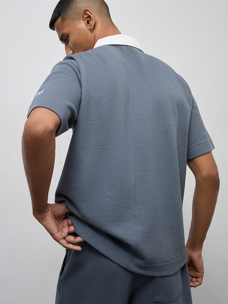 Nuoflexx Dark Grey Typographic Relaxed-Fit Cotton-Blend Quarter-Zip Polo T-Shirt