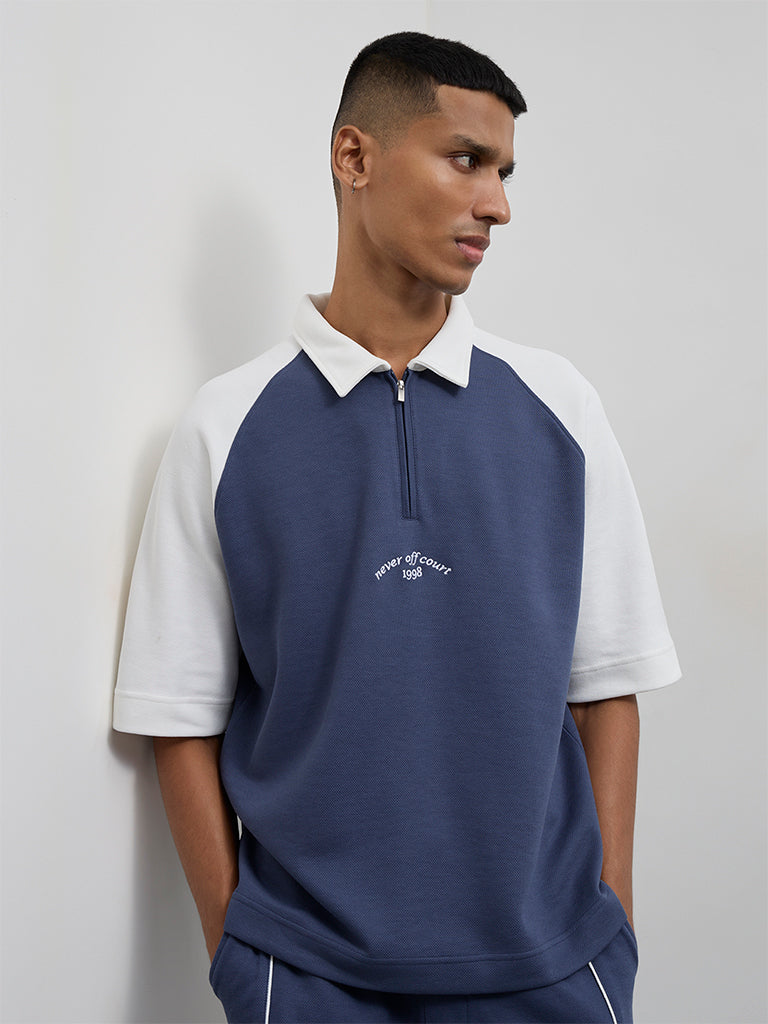 Nuoflexx Dark Blue Typographic Relaxed-Fit Cotton-Blend Quarter-Zip Polo T-Shirt