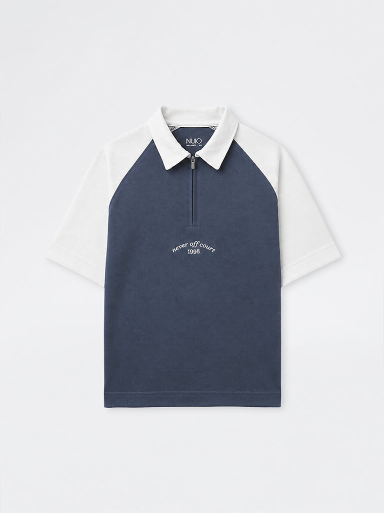 Nuoflexx Dark Blue Typographic Relaxed-Fit Cotton-Blend Quarter-Zip Polo T-Shirt