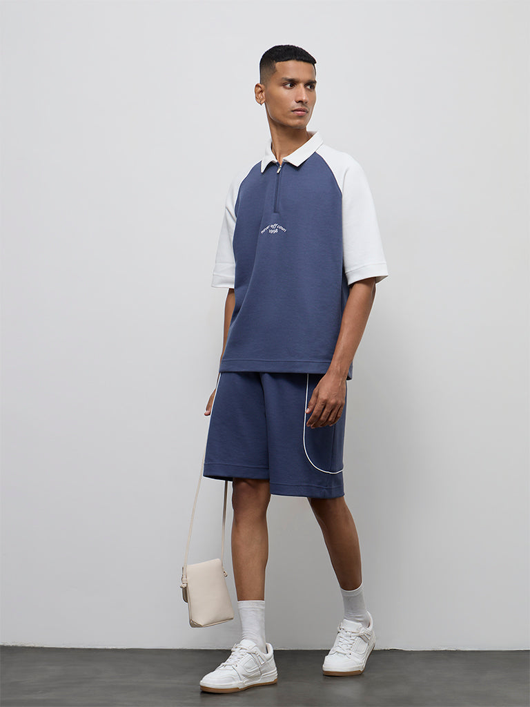 Nuoflexx Dark Blue Typographic Relaxed-Fit Cotton-Blend Quarter-Zip Polo T-Shirt