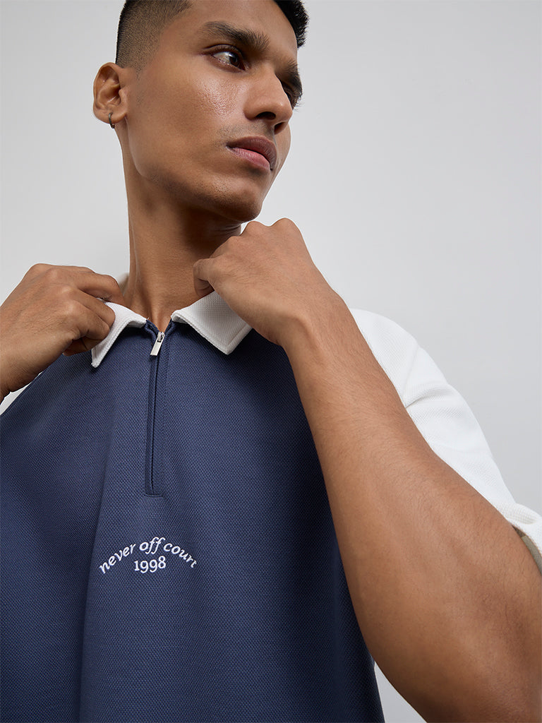 Nuoflexx Dark Blue Typographic Relaxed-Fit Cotton-Blend Quarter-Zip Polo T-Shirt