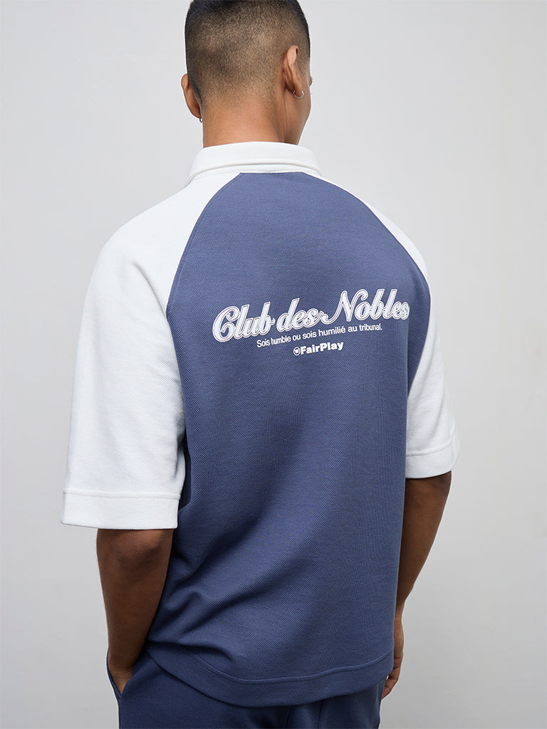 Nuoflexx Dark Blue Typographic Relaxed-Fit Cotton-Blend Quarter-Zip Polo T-Shirt