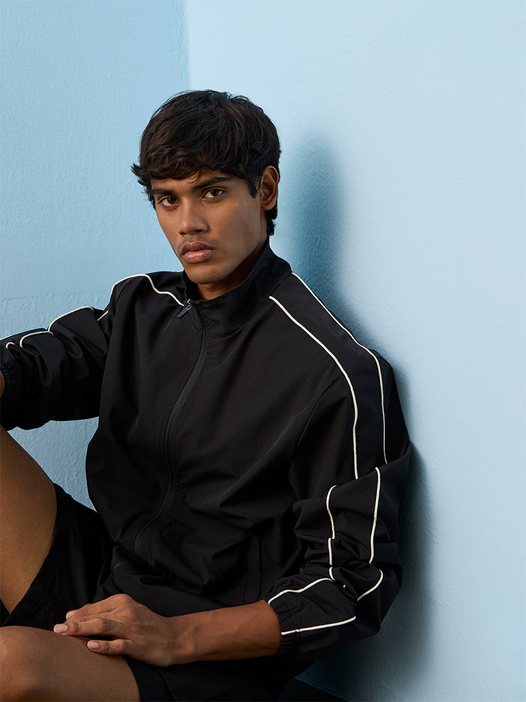 Nuoflexx Black Piping-Detail Relaxed-Fit Jacket