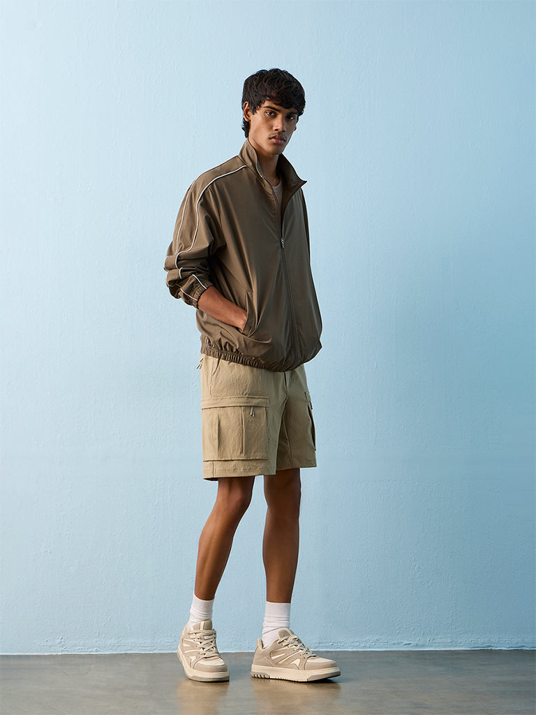 Nuoflexx Taupe Piping-Detail Relaxed-Fit Jacket