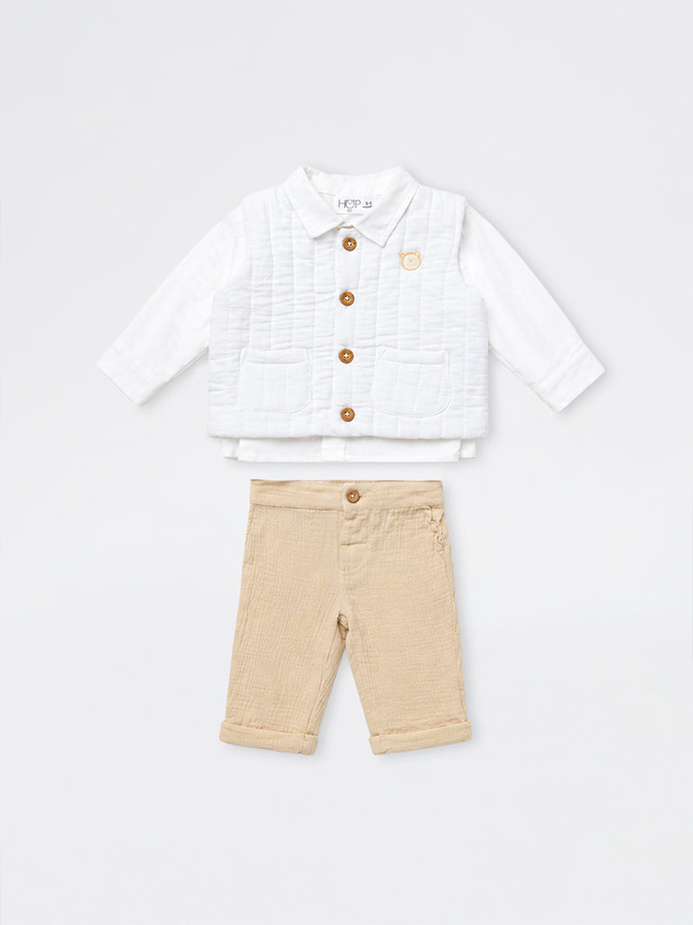 HOP Baby Boys White Cotton Shirt, Waistcoat, and Pants Set