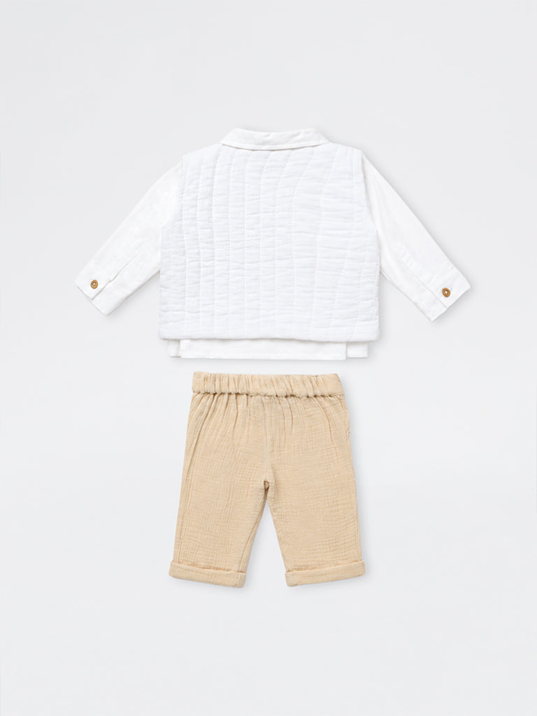 HOP Baby Boys White Cotton Shirt, Waistcoat, and Pants Set