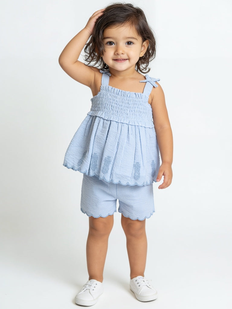 HOP Baby Girls Blue Striped Cotton-Blend Top and Shorts Set