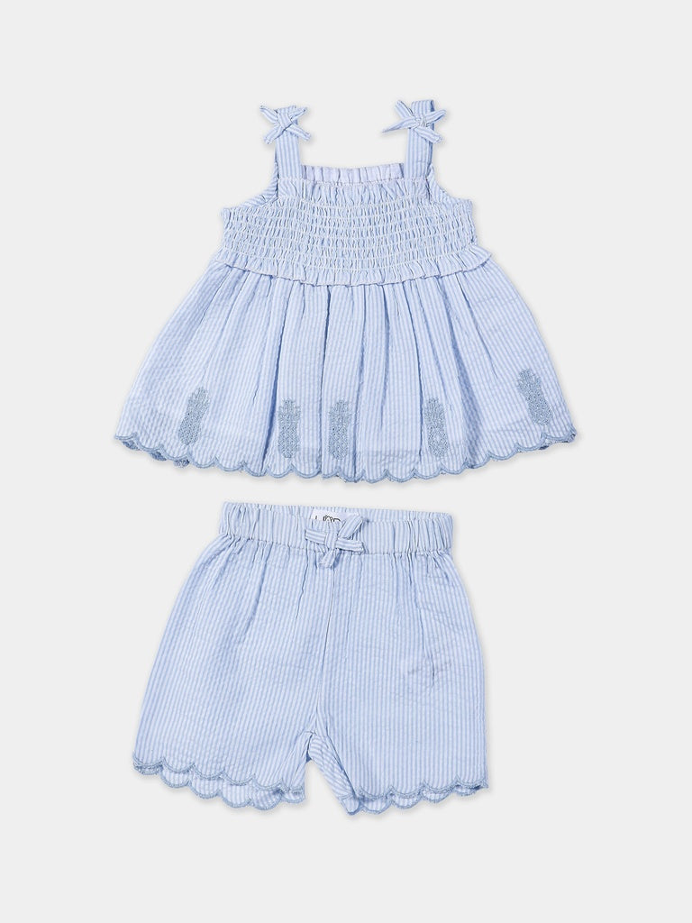 HOP Baby Girls Blue Striped Cotton-Blend Top and Shorts Set