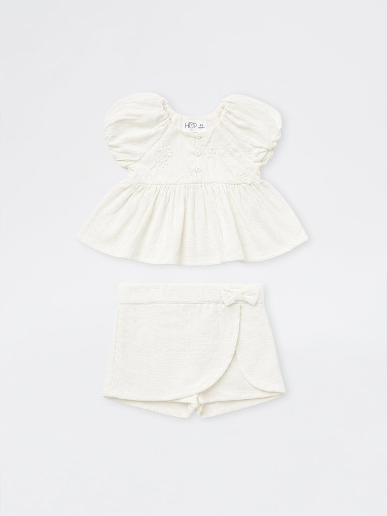 HOP Baby Girls White Embroidered Cotton Dress with Shorts Set