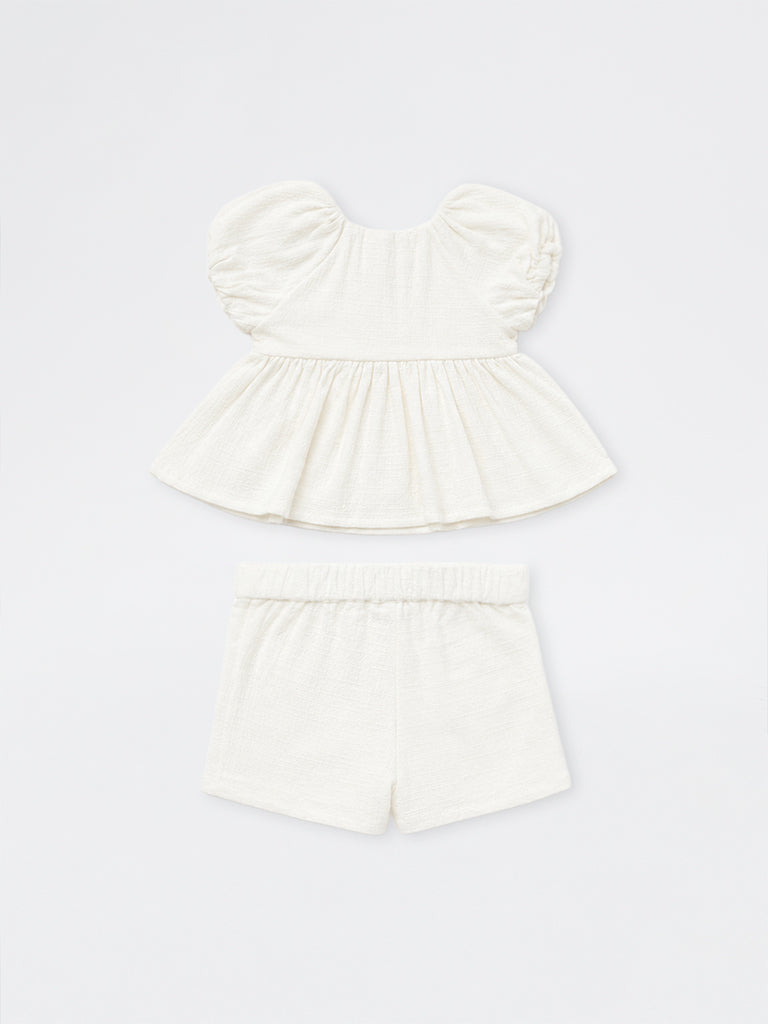 HOP Baby Girls White Embroidered Cotton Dress with Shorts Set