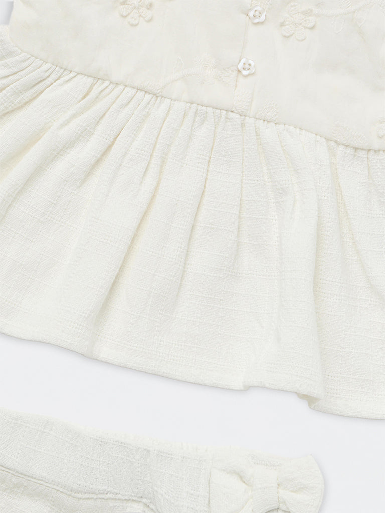 HOP Baby Girls White Embroidered Cotton Dress with Shorts Set