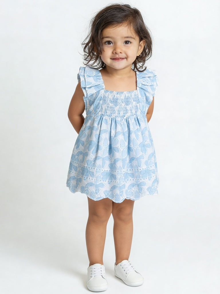 HOP Baby Girls Blue Printed Cotton-Blend Fit and Flare Dress
