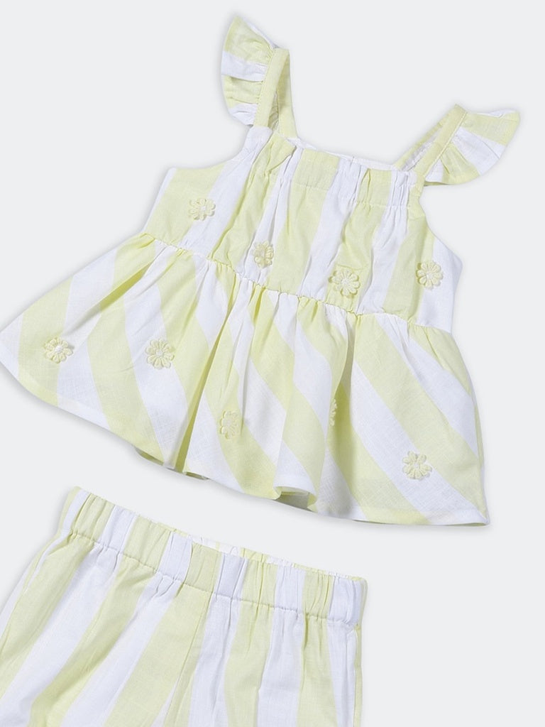 HOP Baby Girls Lime Striped Cotton Peplum Top and Shorts Set