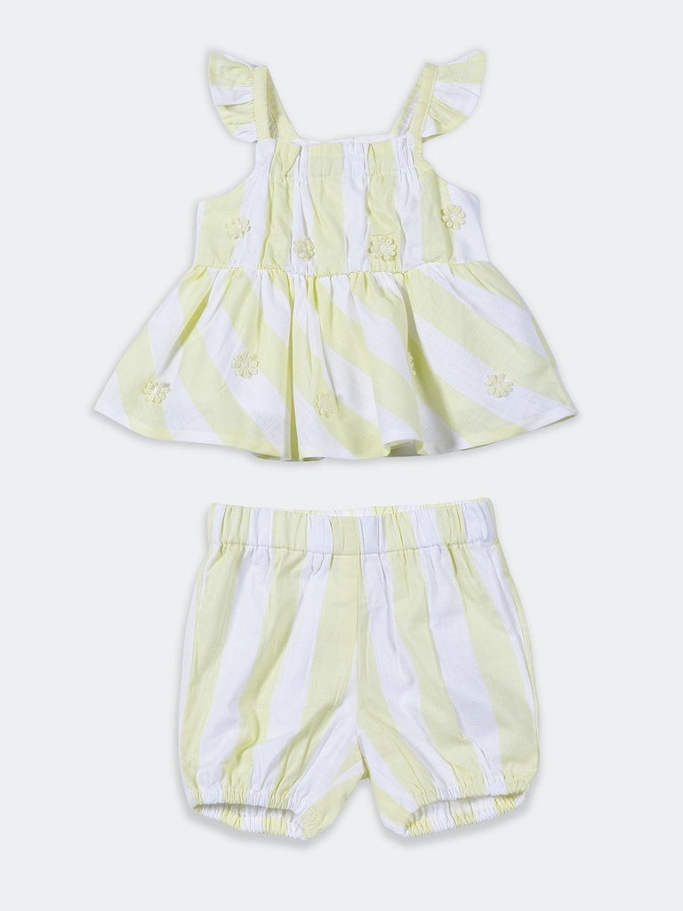 HOP Baby Girls Lime Striped Cotton Peplum Top and Shorts Set