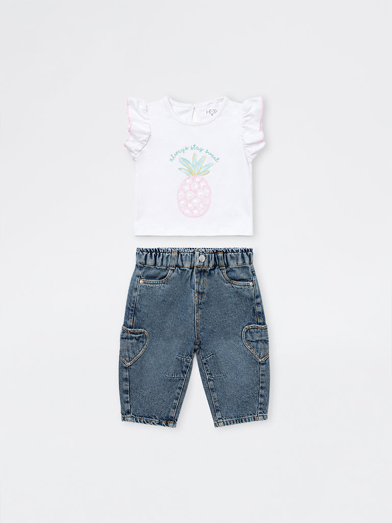 HOP Baby Girls White Fruit Printed Cotton T-Shirt and Jeans Set