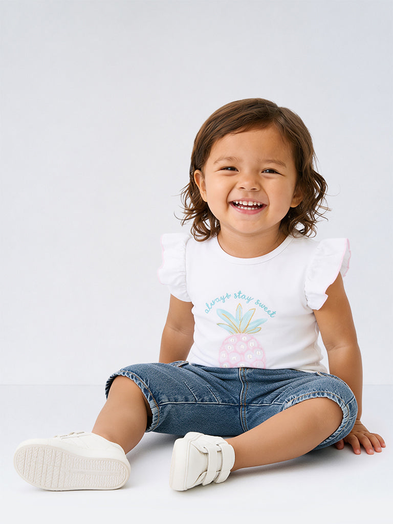 HOP Baby Girls White Fruit Printed Cotton T-Shirt and Jeans Set