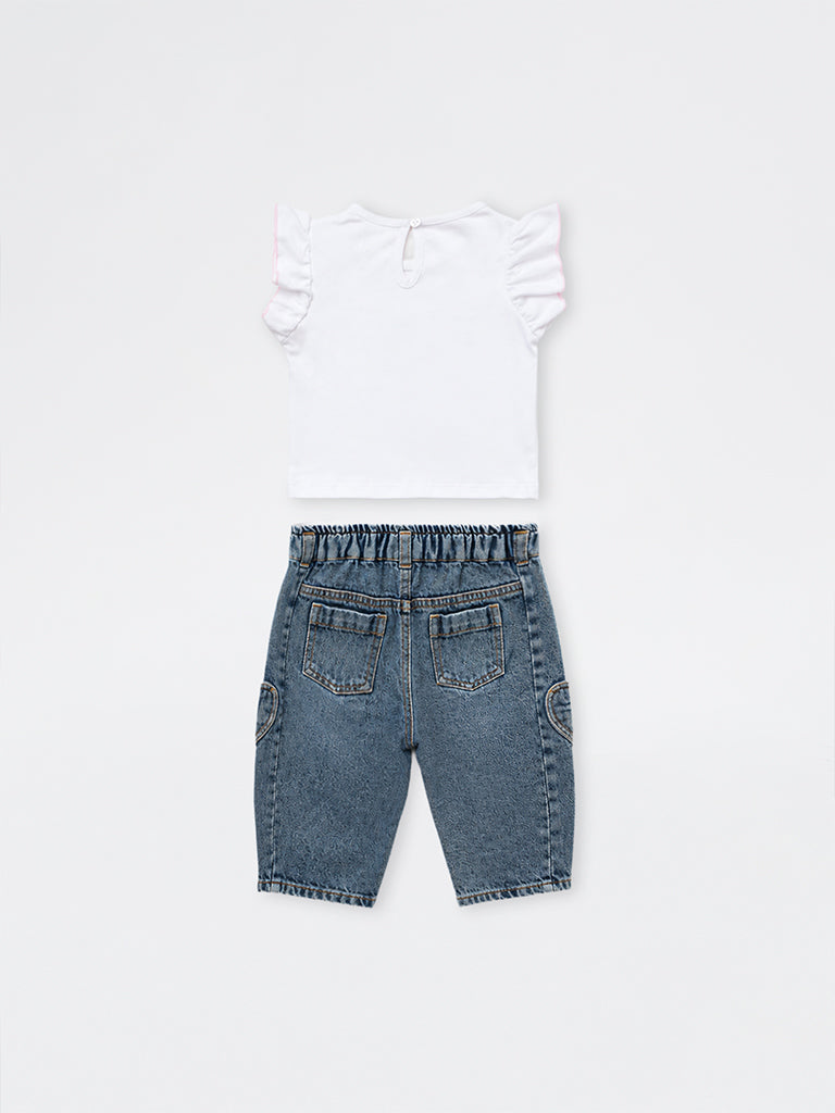 HOP Baby Girls White Fruit Printed Cotton T-Shirt and Jeans Set