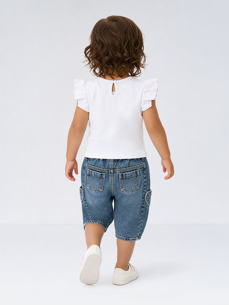 HOP Baby Girls White Fruit Printed Cotton T-Shirt and Jeans Set