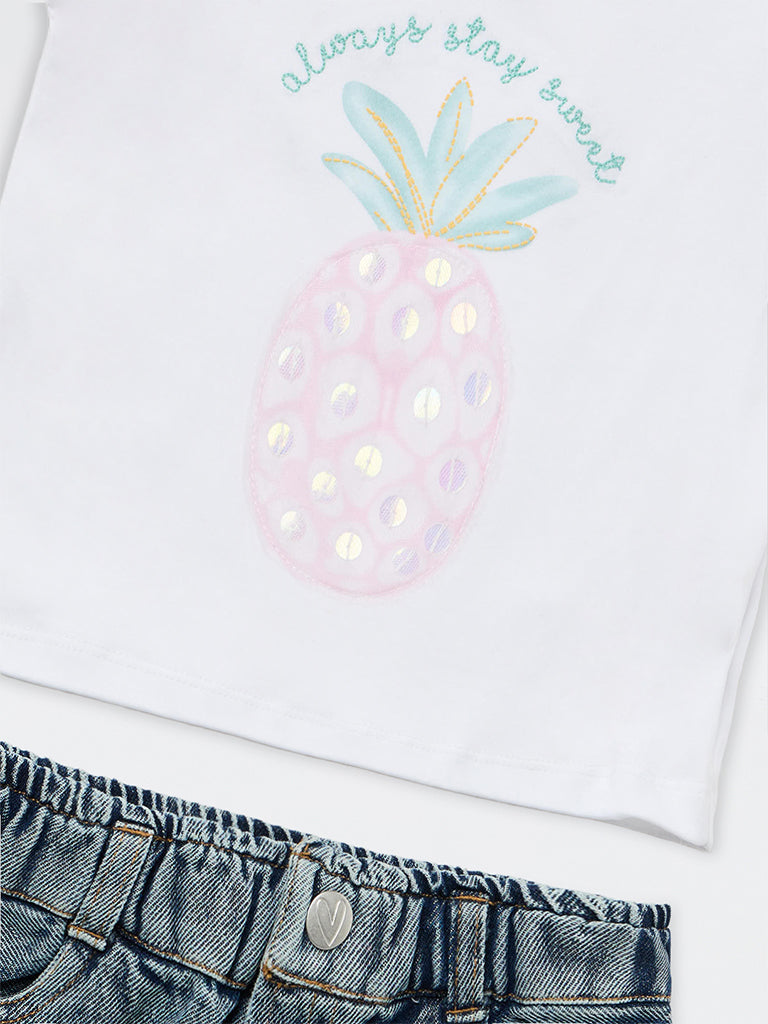 HOP Baby Girls White Fruit Printed Cotton T-Shirt and Jeans Set