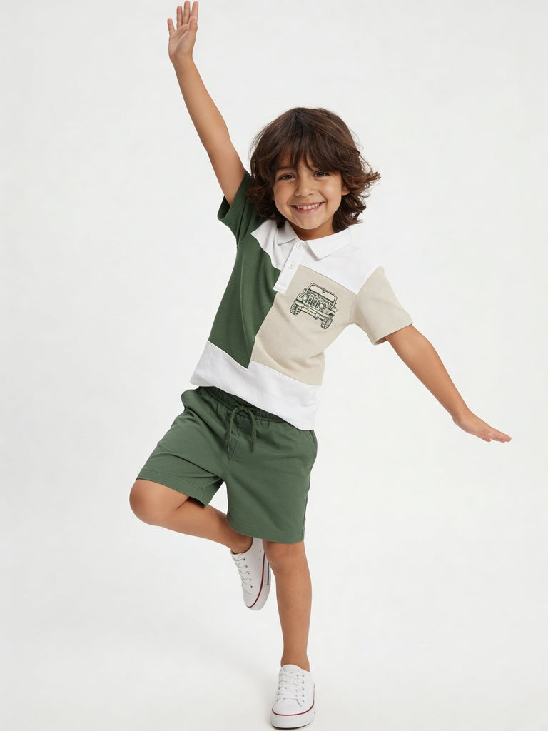 HOP Kids Boys Green Colorblocked Cotton Regular Fit Polo Shirt And Shorts Set
