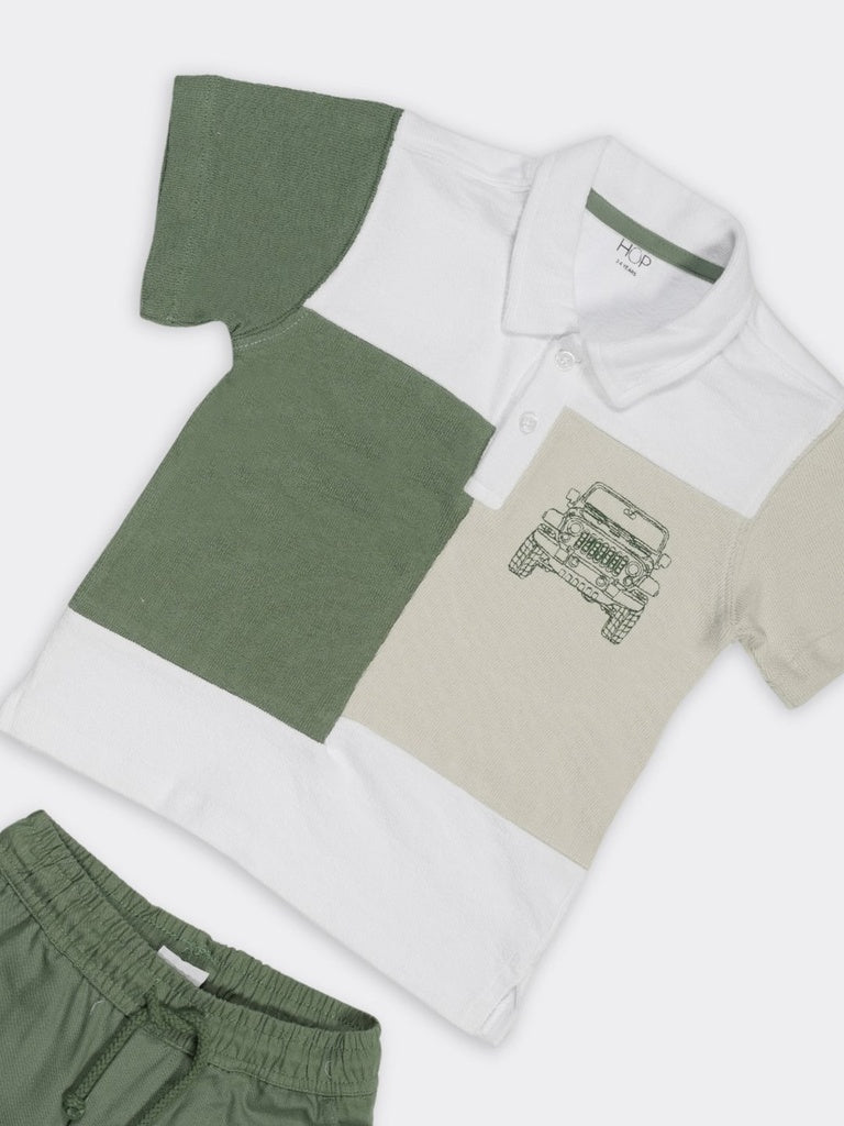 HOP Kids Boys Green Colorblocked Cotton Regular Fit Polo Shirt And Shorts Set
