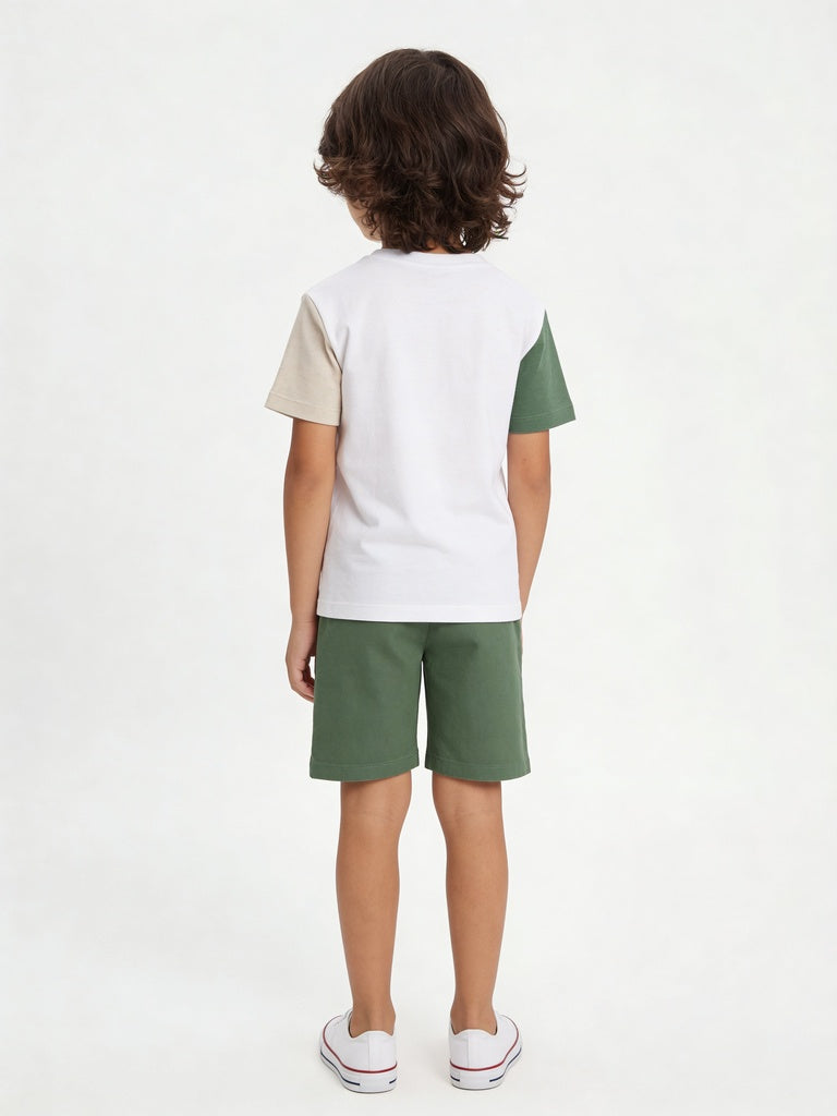 HOP Kids Boys Green Colorblocked Cotton Regular Fit Polo Shirt And Shorts Set