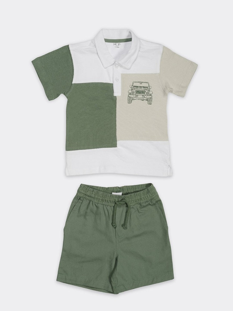 HOP Kids Boys Green Colorblocked Cotton Regular Fit Polo Shirt And Shorts Set