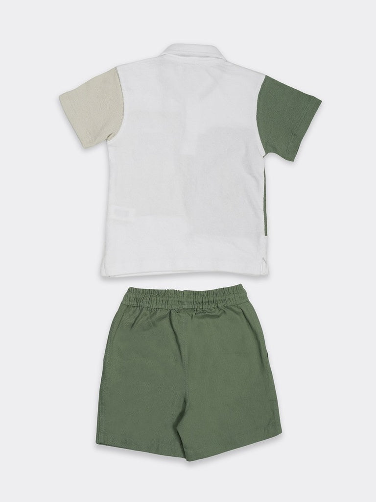 HOP Kids Boys Green Colorblocked Cotton Regular Fit Polo Shirt And Shorts Set
