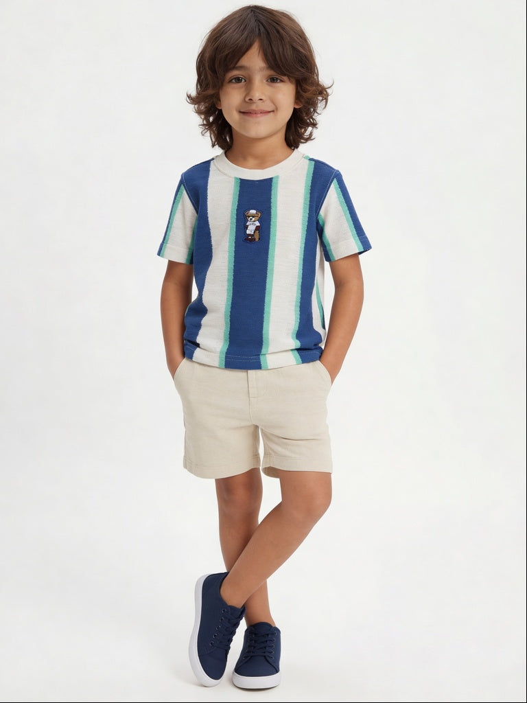 HOP Kids Boys Blue Striped Cotton-Blend T-Shirt