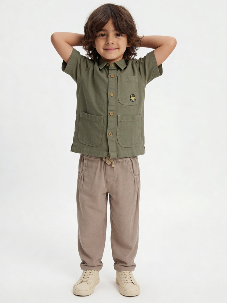 HOP Kids Boys Olive Banana Patch Cotton Shirt